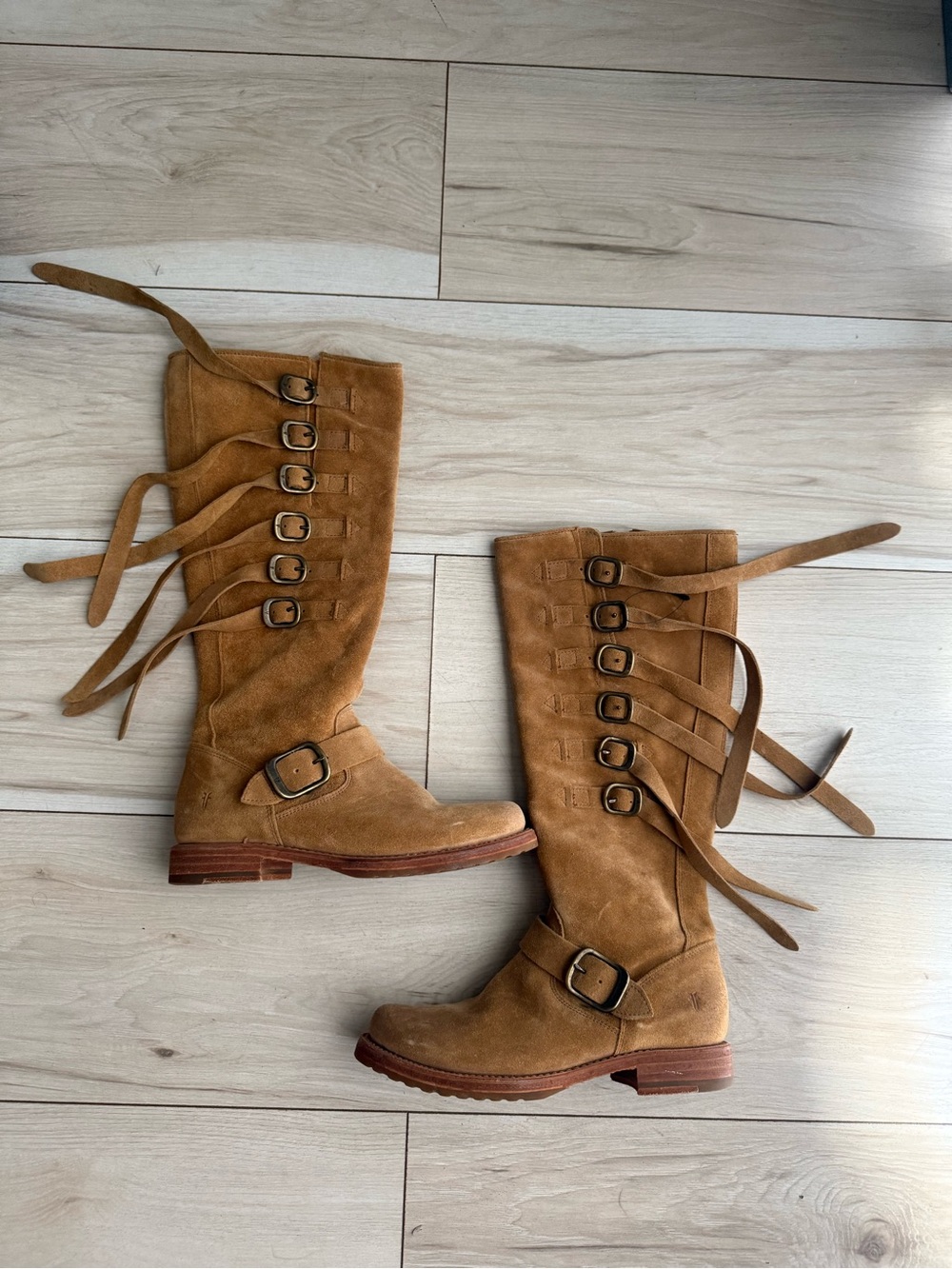 Frye Tan Suede Mid-Calf Buckle Boots
